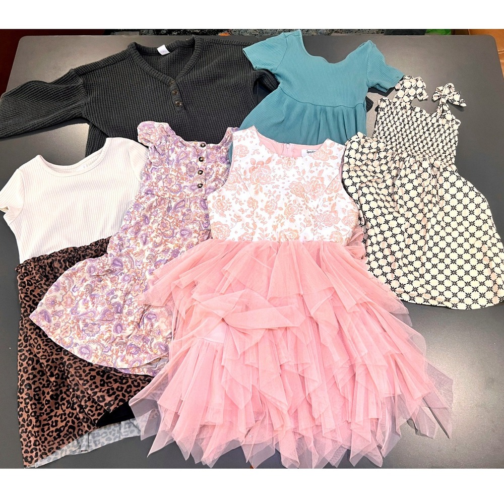 Mixed Brand Girls Clothing Lot Size 5-7 Pink Tulle Dress Floral Leopard 6pc Good